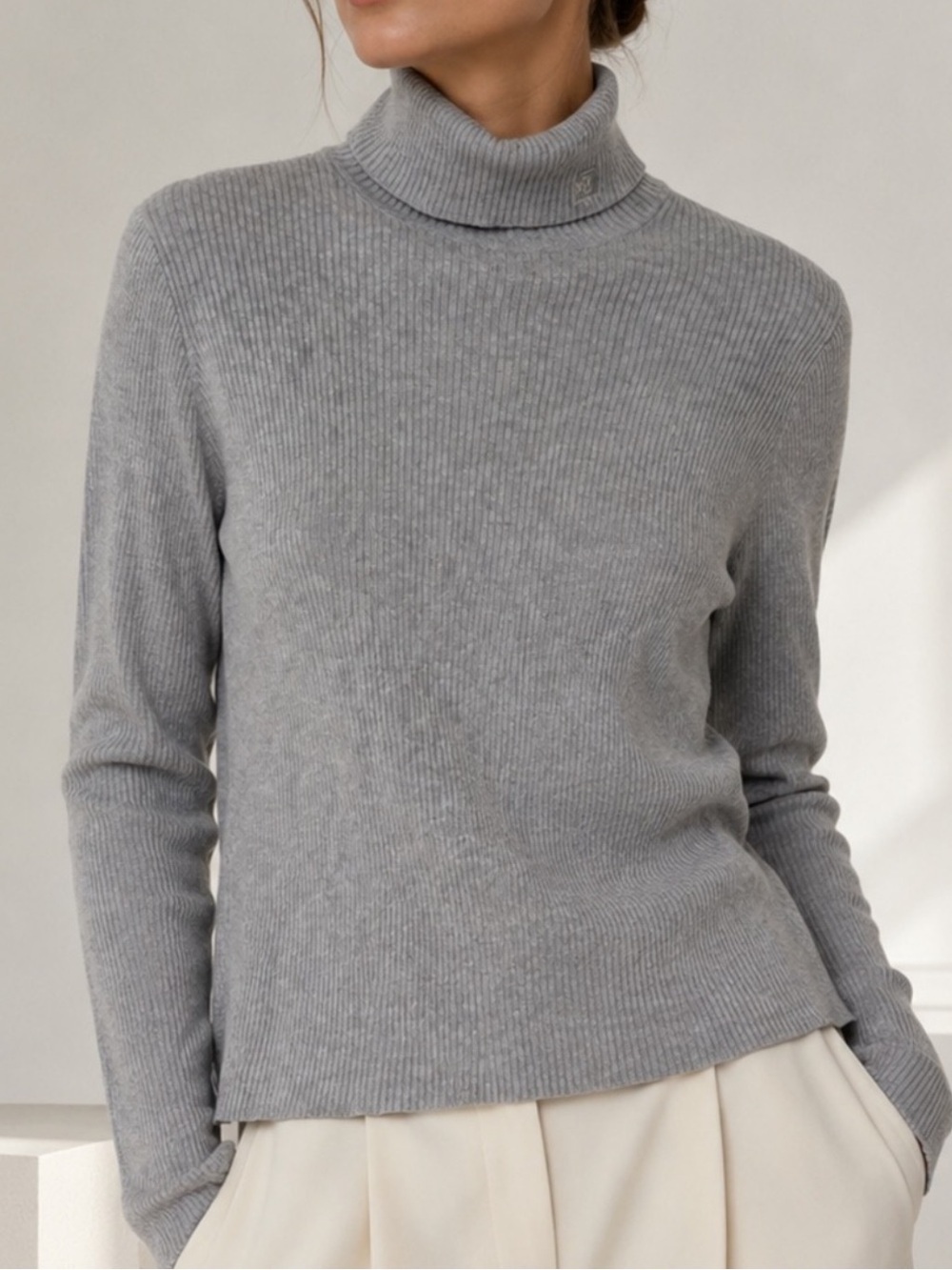 LAUREN RALPH LAUREN WOMENS RIBBED GRAY COTTON TURTLENECK SWEATER LARGE